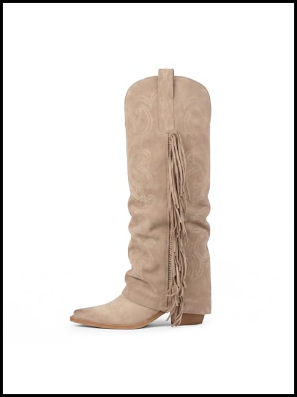 Women's Fold Over Fringe Embroidered Cowboy Boots Knee High Chunky Block Heel